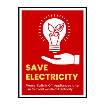 SAVE ELECTRICITY - RED ENERGY BULB ICON - SIGN BOARD - 15CM X 21CM